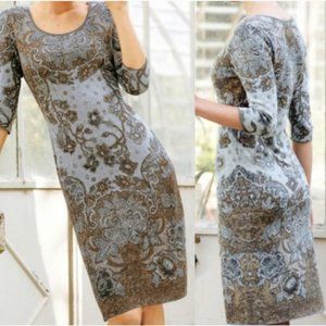 PERUVIAN CONNECTION Pima Cotton Sweater Dress Ornate Sky Blue Cocoa Brown {M14}